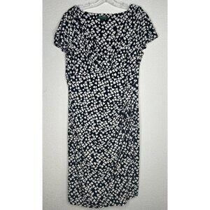 Lauren Ralph Lauren Dress 16 Black White Hearts Faux Wrap Ruching Flattering